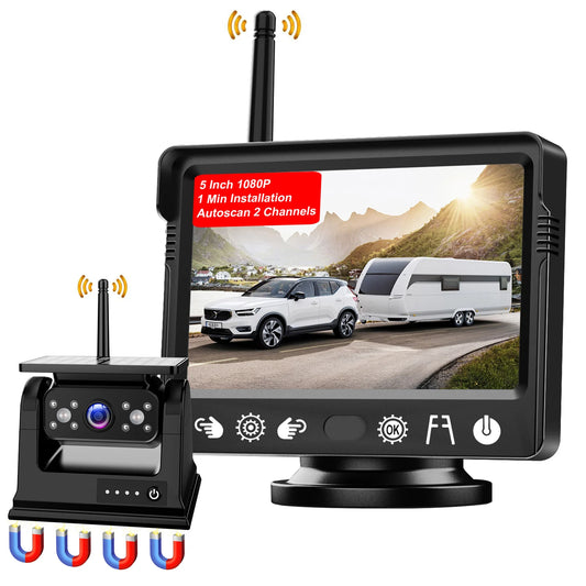 Solar magnetic wireless HD 1080P night vision reversing camera for RV trucks, paired with a 5-inch vehicle monitoring system.