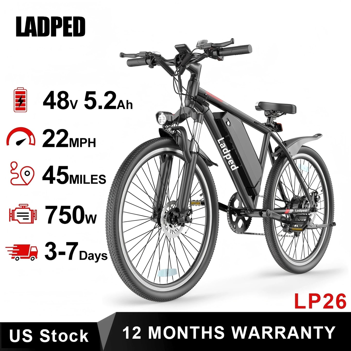 LADPED Electric Bicycle 26inches Tires 750W E-bike 48V 5.2AH E-Mountain Bike 7 Speed Long Range Ebike Adult Electric Bike