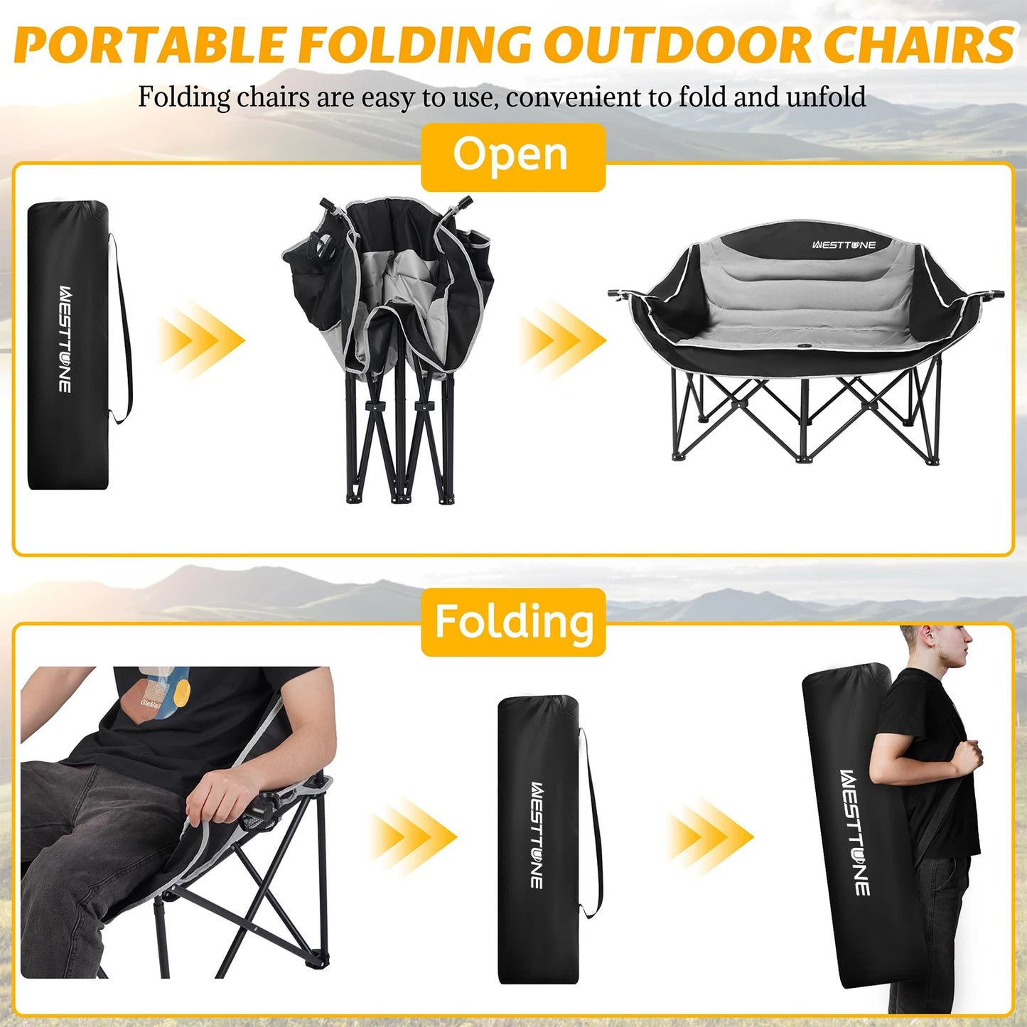 West Tune Double Camping Chair Heavy Duty Loveseat Cup Holder