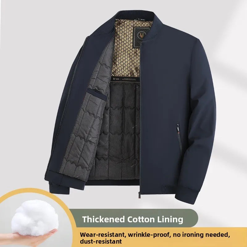 Warm Casual Cotton Jacket for Middle-Aged Men Thickened Fill Winter Outerwear Standard Fit Zipper Closure Solid Color