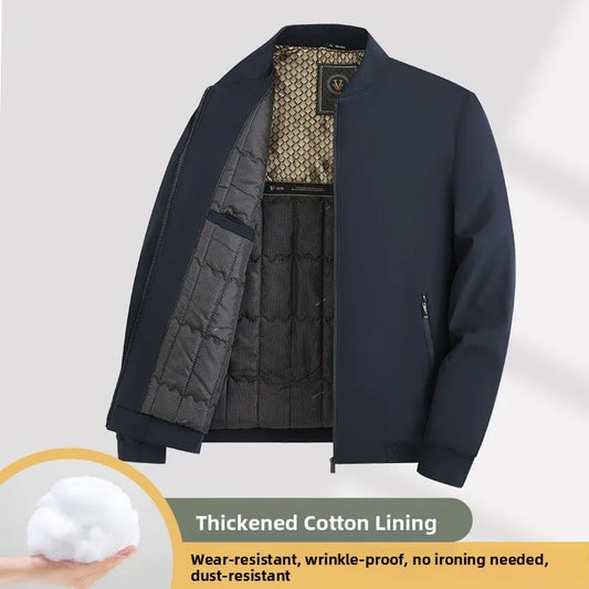 Warm Casual Cotton Jacket for Middle-Aged Men Thickened Fill Winter Outerwear Standard Fit Zipper Closure Solid Color