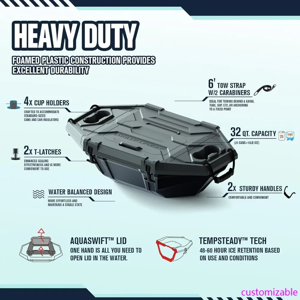 Floating Cooler – 32 QT up to 60 Hours Amphibious Ice Chest - Kayak Camping Coolers for Lake, River, SUP, Fishing, Boat, Pool, P