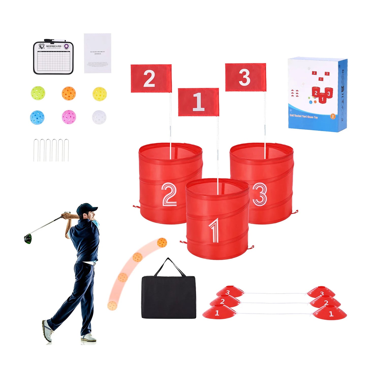 SucceBuy 3/6/9 Hole Kids Backyard Golf Game Portable Bucket Golf Course Practice Chipping Games for Family Outdoor Sports Toys