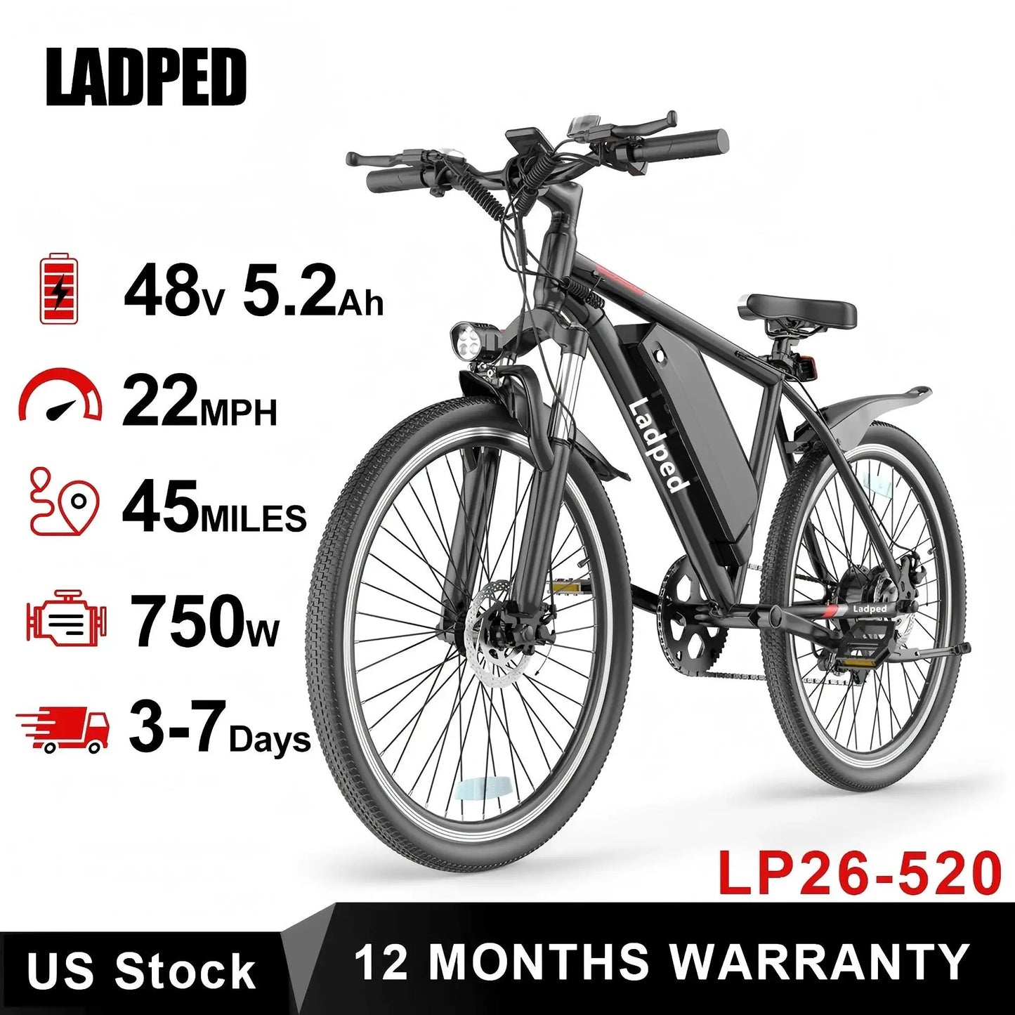 LADPED Electric Bicycle 26inches Tires 750W E-bike 48V 5.2AH E-Mountain Bike 7 Speed Long Range Ebike Adult Electric Bike