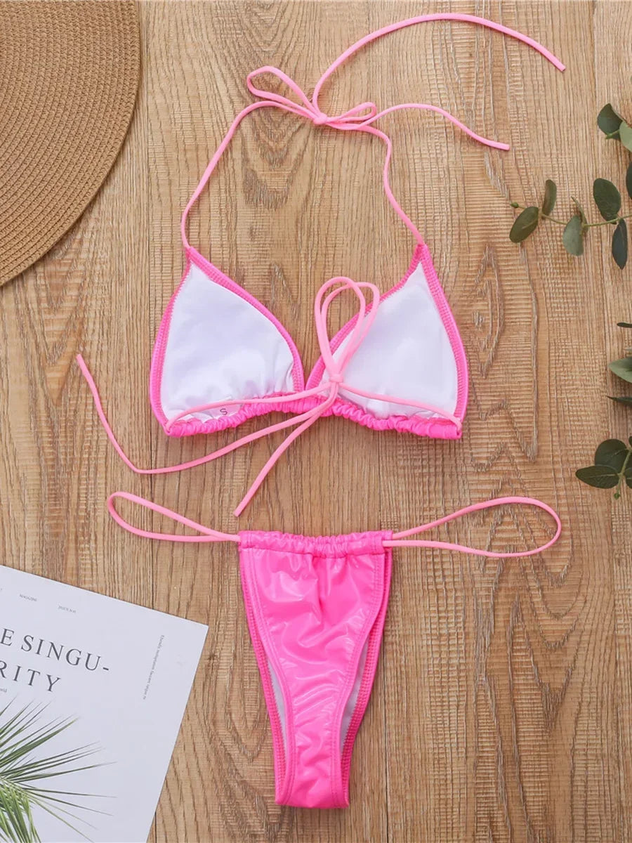 PaunikixCN Women Shiny PU Micro Bikini Set High Cut Pieces