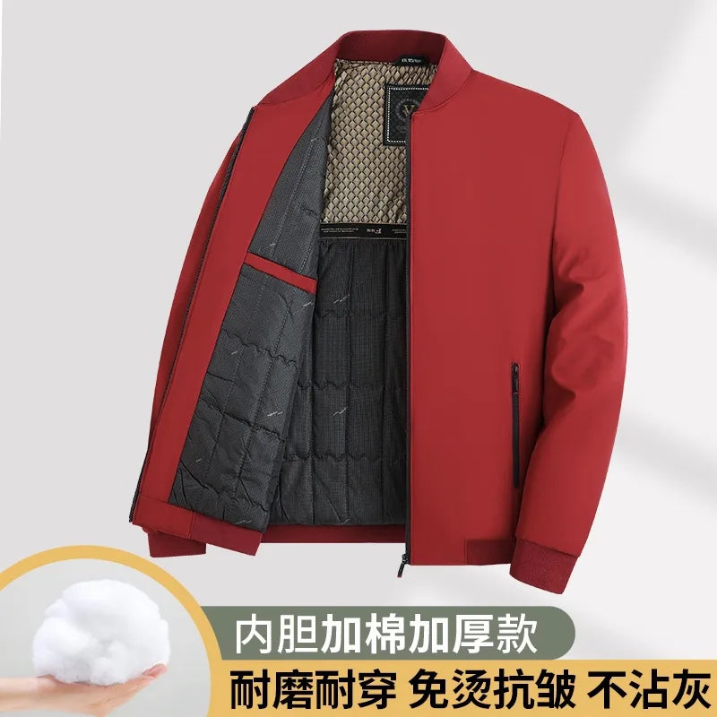 Warm Casual Cotton Jacket for Middle-Aged Men Thickened Fill Winter Outerwear Standard Fit Zipper Closure Solid Color