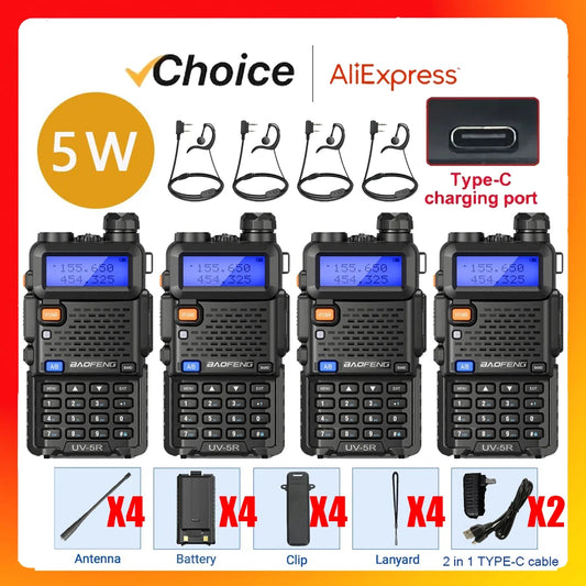 4Pcs Baofeng UV-5R 5W Tri-Power Walkie Talkie High Power Dual Band Long Range Portable Handheld UV 5R Radio