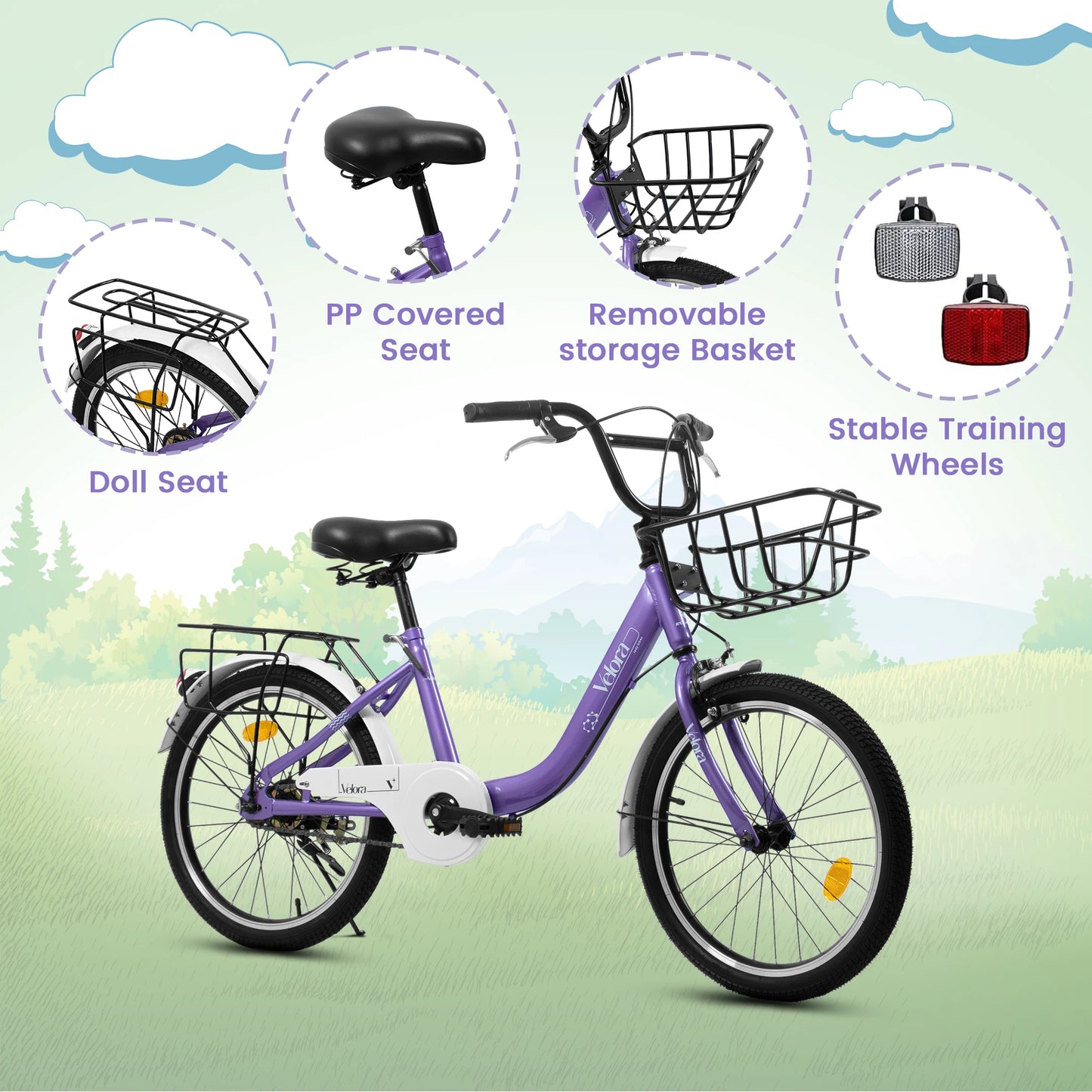 20 Inch Kids Bike for Boys Girls, 1 Speed Kids Bicycle with Basket, Rear Seat, Chain Guard, Coaster Brake, V-Brake, Steel Frame