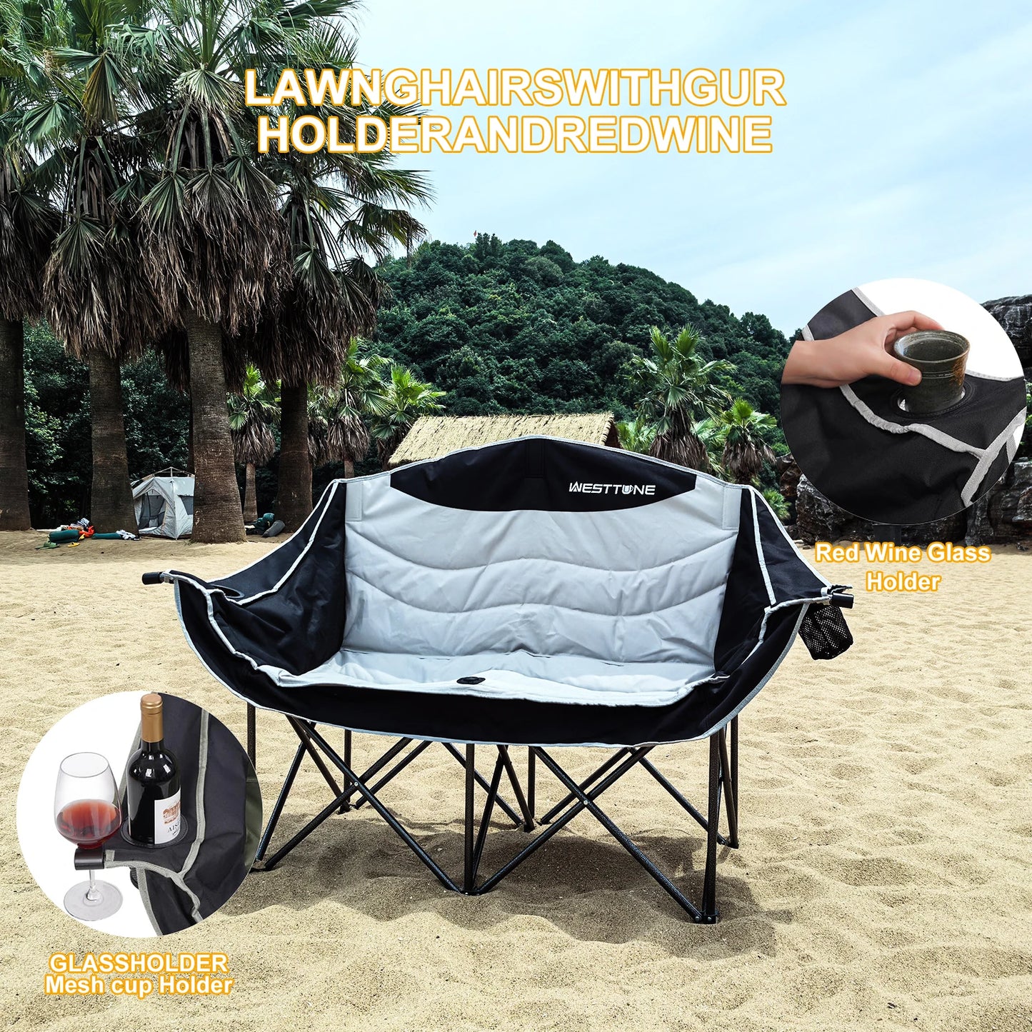 West Tune Double Camping Chair Heavy Duty Loveseat Cup Holder
