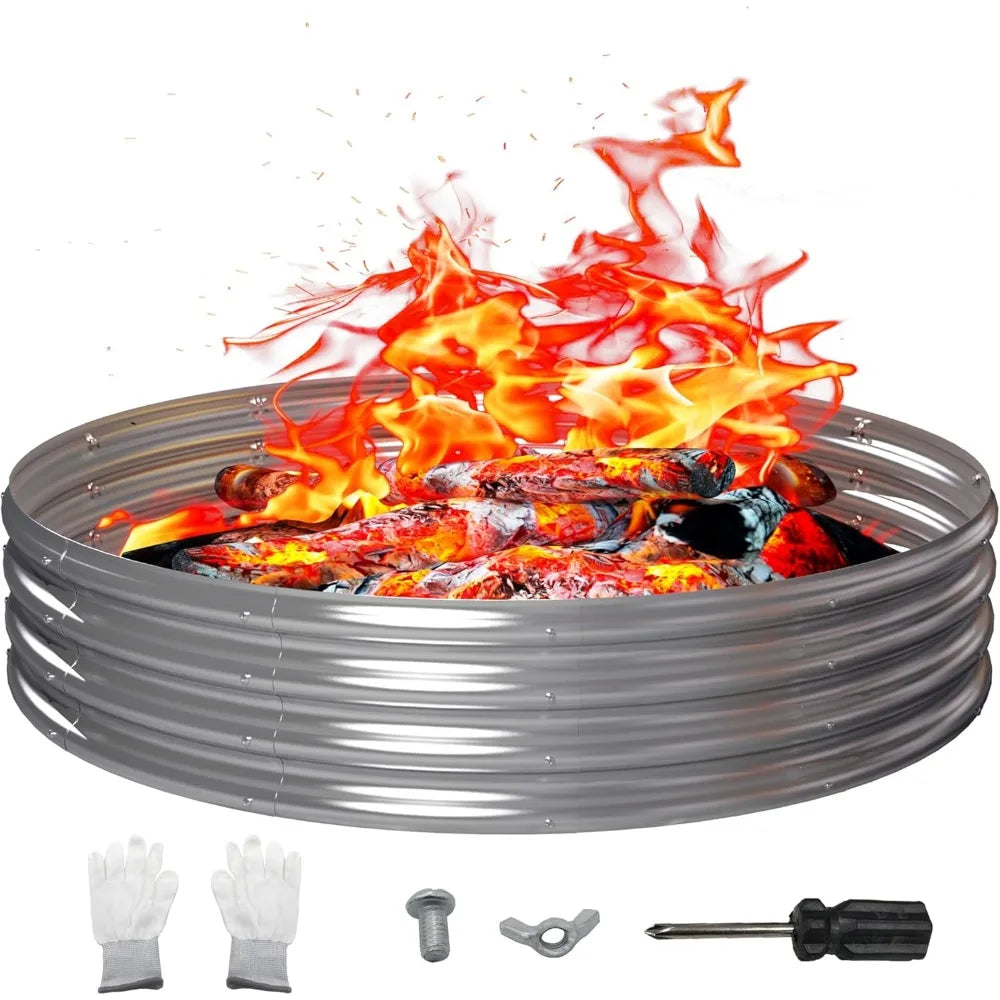 60 Inch Outdoor Fire Pit Ring, Round Galvanized Portable Fire Pit for Camping, Metal Steel Bonfire Fire Ring for Outside, Backya