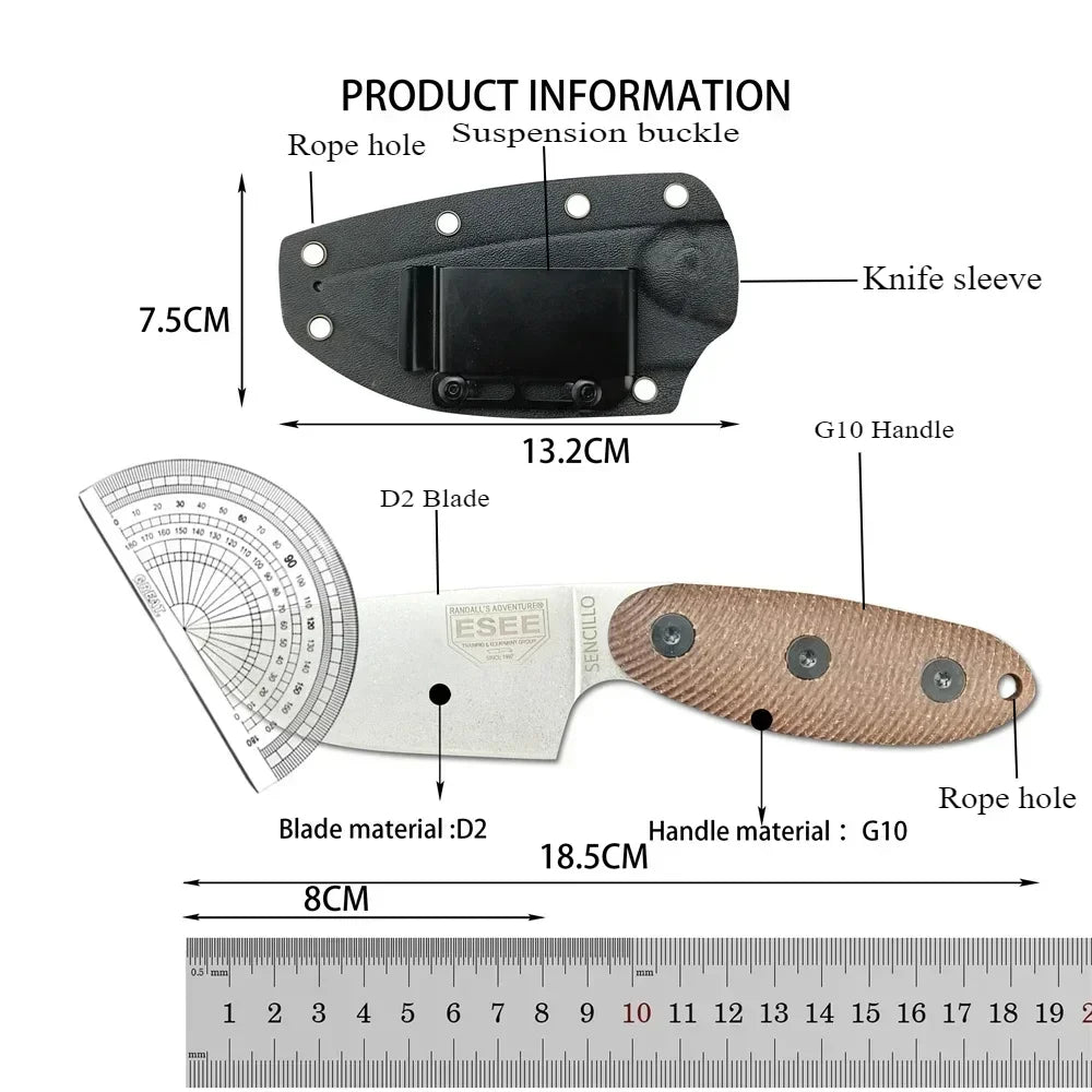 ESEE Sencillo Fixed Blade D2 Knife Durable G10 Handle Knives with Hang The Buckle Sleeve Rope Hole Outdoor Tactical EDC Knives