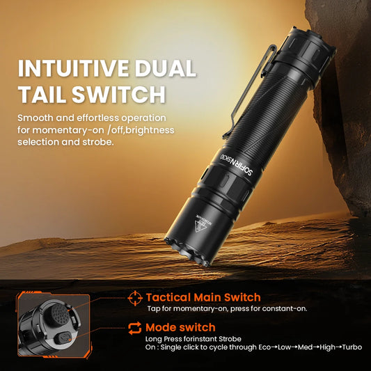 SOFIRN SK30 Tactical Rechargeable 6000K Flashlight 3000 High Lumen Pocket 21700 LED with Dual Tail Switches