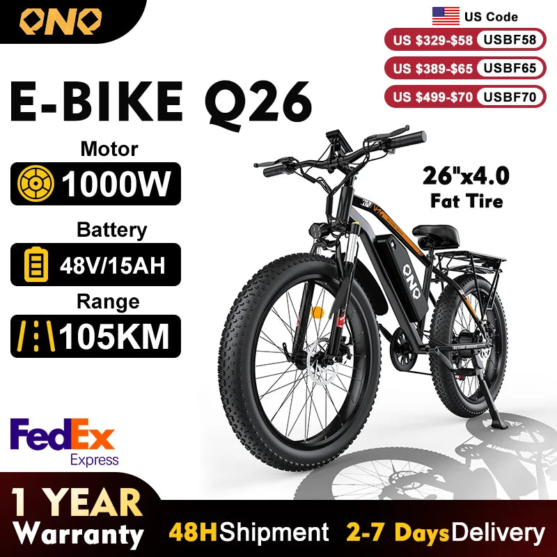 QNQ Q26 Electric Bicycle 1500W Motor 48V15AH Lithium Battery Electric Bike 26 Inch Fat Tire Snow E-bike