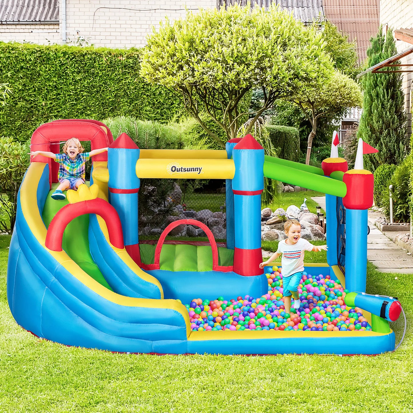 6-in-1 Inflatable Bounce House Outdoor Toy, Inflatable Water Slide for Kids
