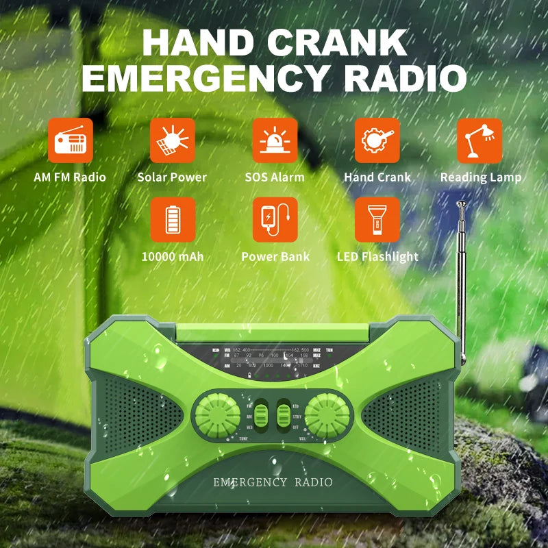 Portable 10000mAh charger High Capacity Emergency Radio Solar Hand Crank LED Flashlight/Reading Light/SOS Alarm Survival Tool