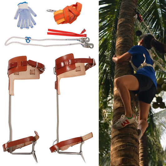 Tree Climbing Spike Set Adjustable Spurs Double Gaffs Stainless Steel Cowhide Safety Harness Gear 220lbs