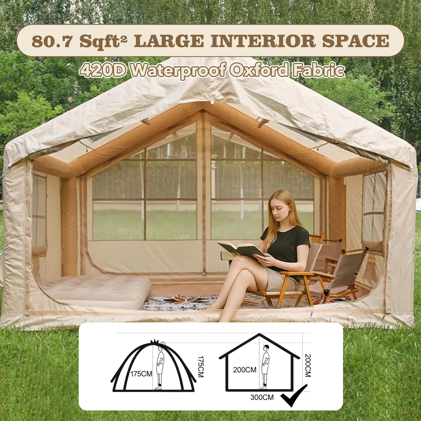 80.7 Square Feet Inflatable Tent with Air Conditioning Vent,4 Season Glamping Blow up Tent for Camping,Waterproof Oxford Fabric