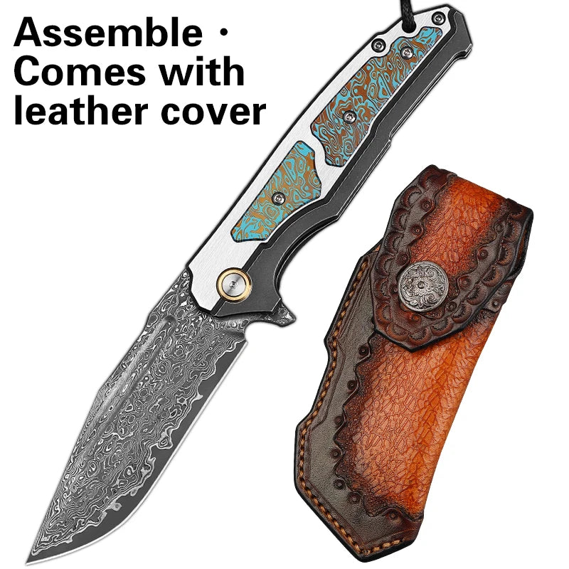 ALVELYDIY Damascus Steel Folding Pocket Knife With Sheath