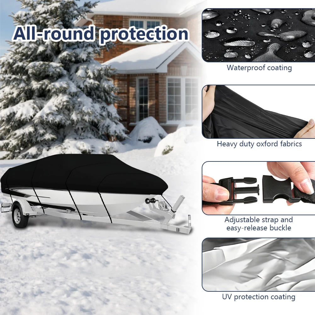 14-16FT Boat Cover 210D Oxford Cloth Universal Boat Cover Sunproof V-Shaped Hull Protector for Yachts Motors Rowing Boats