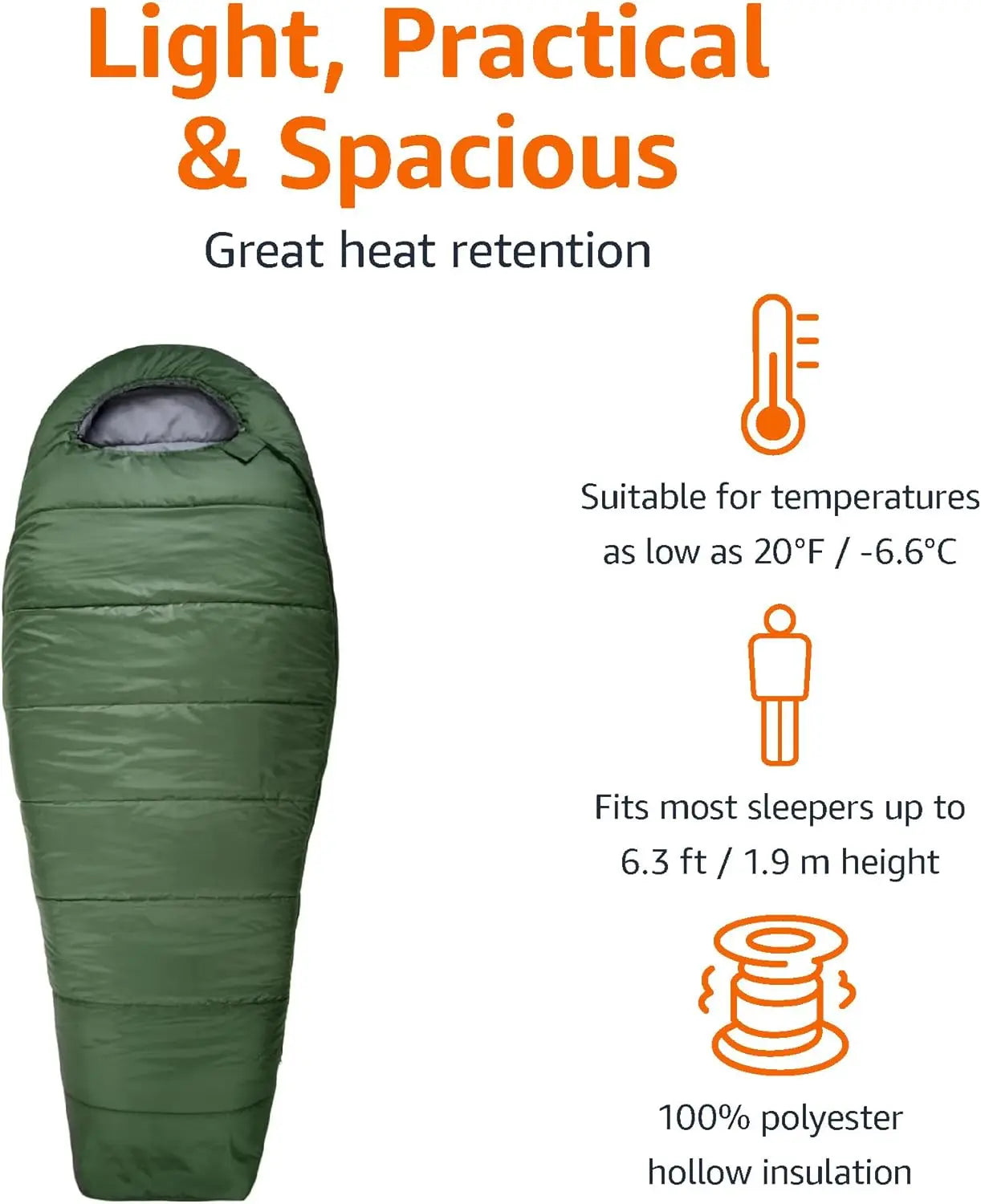 20°F Cold Weather Mummy Sleeping Bag, 82x33 Inches, Olive Green - Waterproof & Lightweight for Camping Hiking