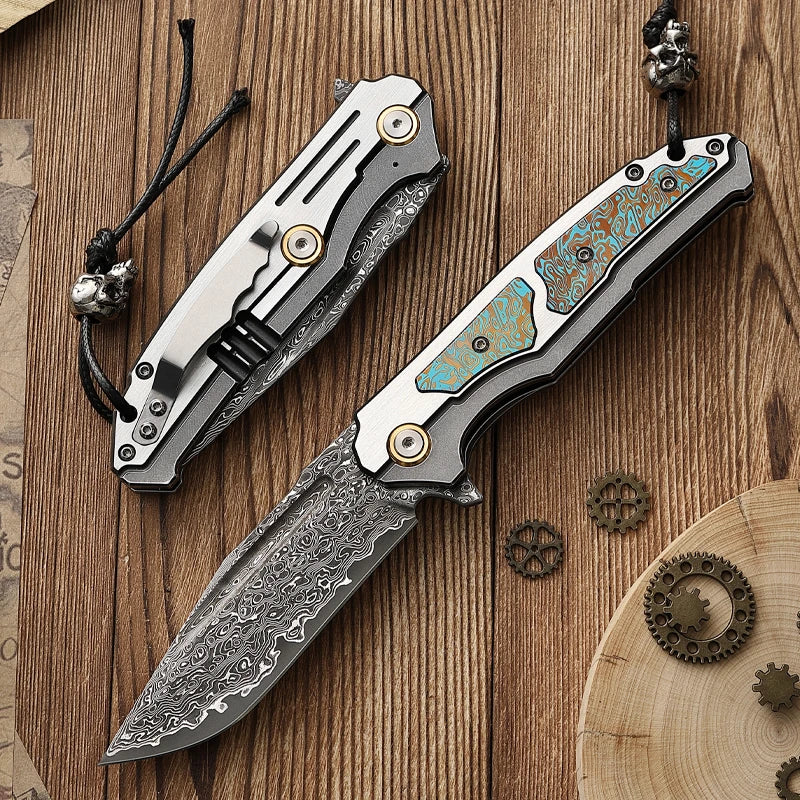 ALVELYDIY Damascus Steel Folding Pocket Knife With Sheath