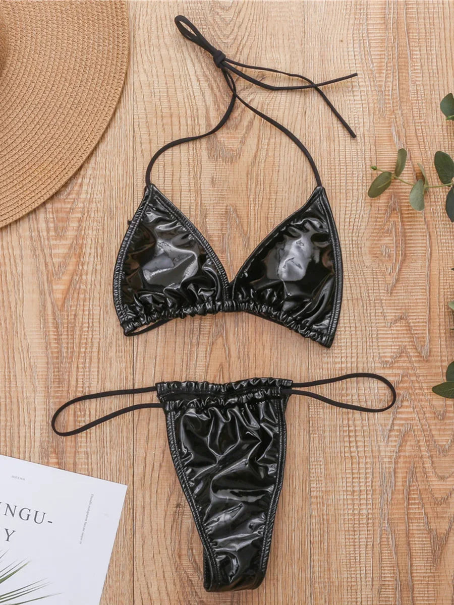 PaunikixCN Women Shiny PU Micro Bikini Set High Cut Pieces