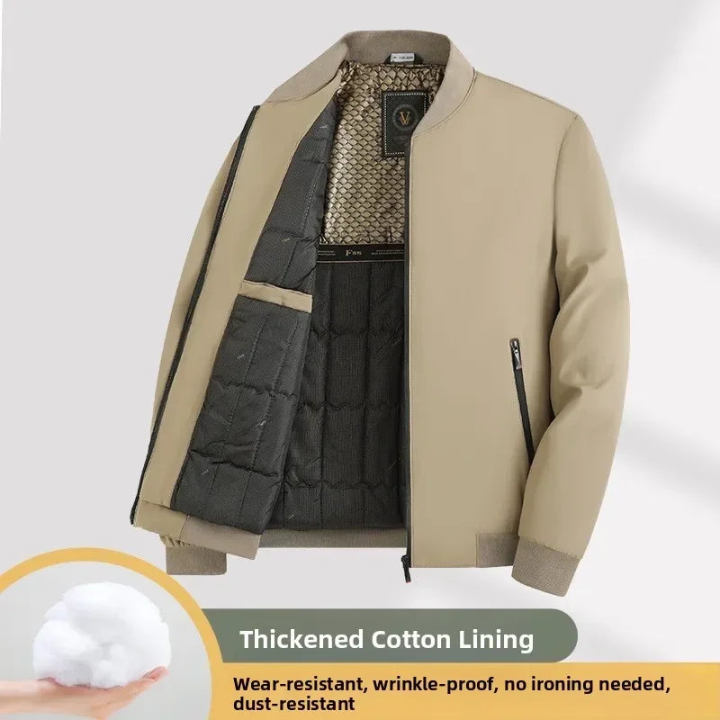 Warm Casual Cotton Jacket for Middle-Aged Men Thickened Fill Winter Outerwear Standard Fit Zipper Closure Solid Color