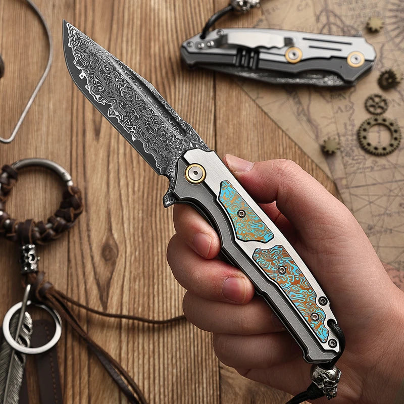 ALVELYDIY Damascus Steel Folding Pocket Knife With Sheath