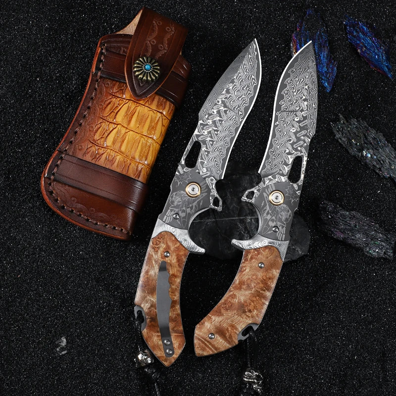 Handmade Japanese Damascus Steel Folding Pocket Knife with Sheath, Men's Pocket Knife, EDC Camping Hunting Knife, Hiking Trip