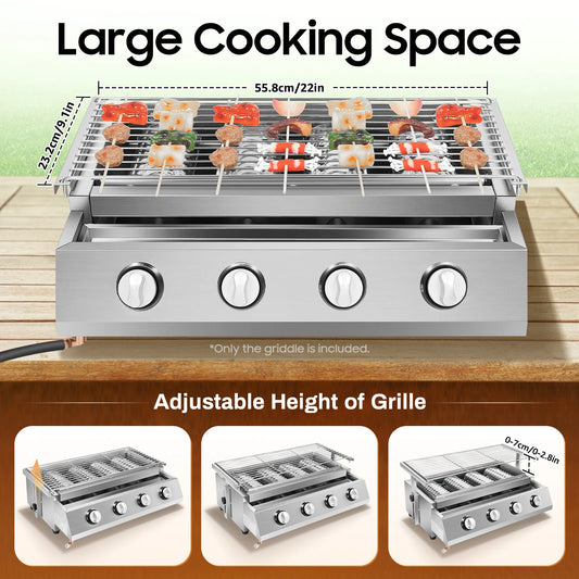 4 Burner Gas Griddle, Adjustable Height Butane LPG Gas Grill with Electronic Ignition & Oil Pan for Outdoor Camping BBQ Party