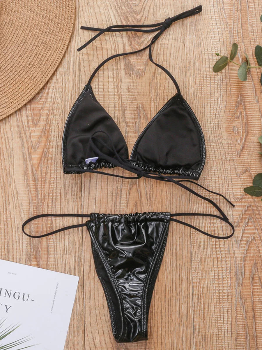 PaunikixCN Women Shiny PU Micro Bikini Set High Cut Pieces
