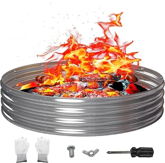 60 Inch Outdoor Fire Pit Ring, Round Galvanized Portable Fire Pit for Camping, Metal Steel Bonfire Fire Ring for Outside, Backya