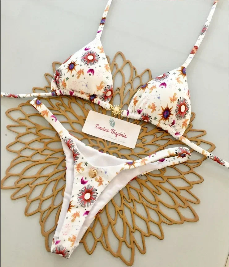Print Sexy Bikini Sets Halter Lace-up Tops Thongs Beach Style Bathing Suit Y2k Swimsuits Women Beachwear Купальник Женский 2025