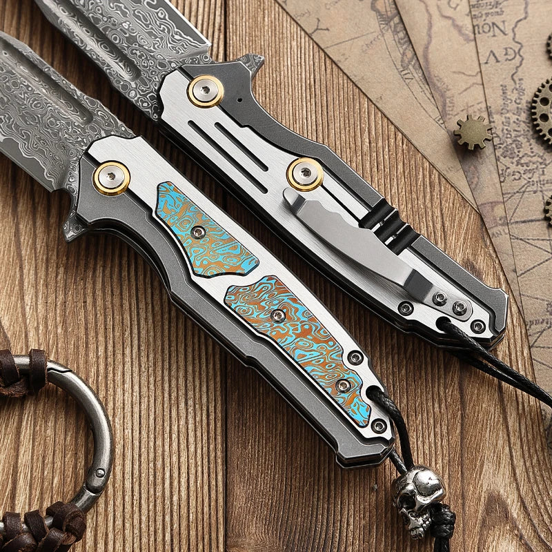 ALVELYDIY Damascus Steel Folding Pocket Knife With Sheath