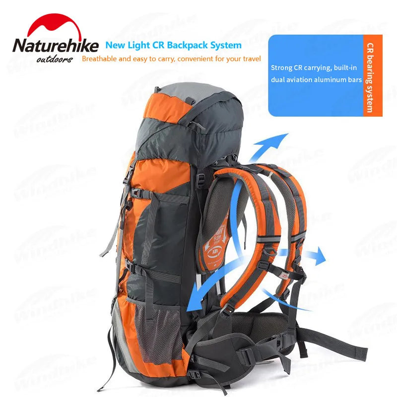 Naturehike Outdoor Backpack 70+5L Hiking Bag Rain Cover Nylon Sports Waterproof Camping Climbing Rucksack With Rainproof Cover