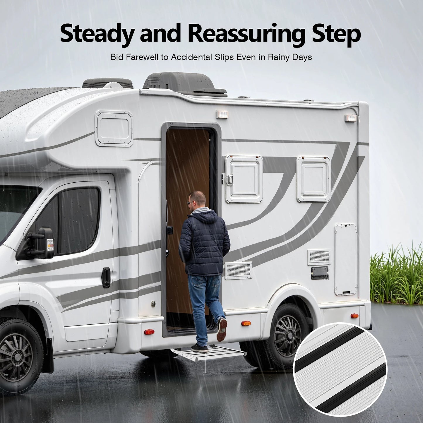 Folding RV Step, 44cm Manual RV Step with LED Light, Loading 150kg Telescopic Antiskid Caravan Accessories