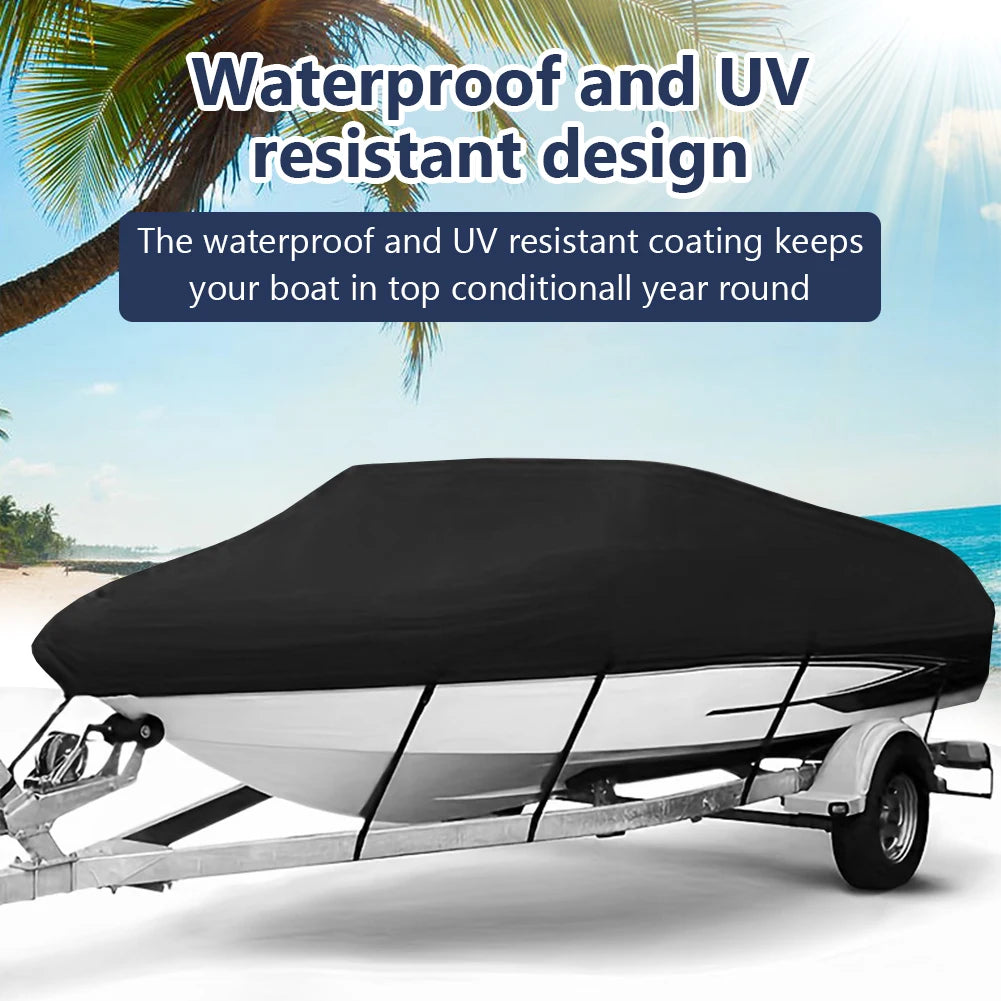 14-16FT Boat Cover 210D Oxford Cloth Universal Boat Cover Sunproof V-Shaped Hull Protector for Yachts Motors Rowing Boats
