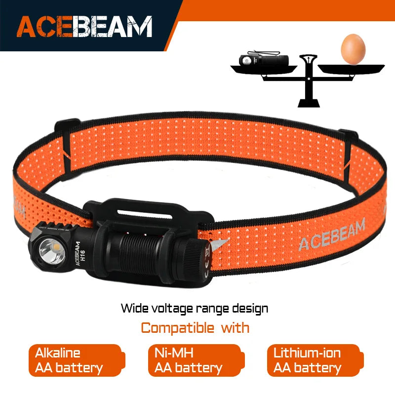 ACEBEAM H16 Super Lightweight Headlamp AA battery LED Right Angle Light EDC Flashlight, Available 5000K CRI 90/6500K 1000 lumens
