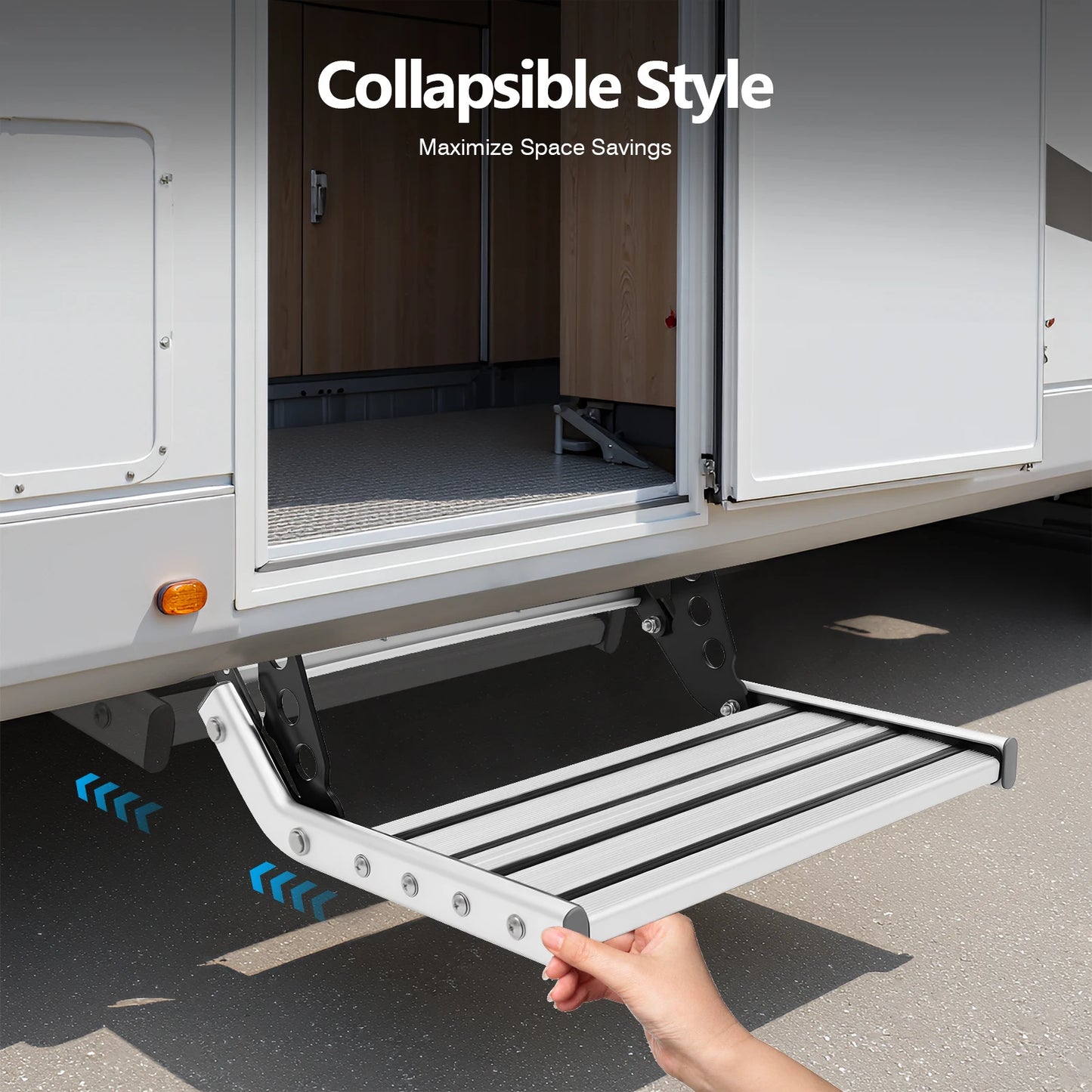 Folding RV Step, 44cm Manual RV Step with LED Light, Loading 150kg Telescopic Antiskid Caravan Accessories