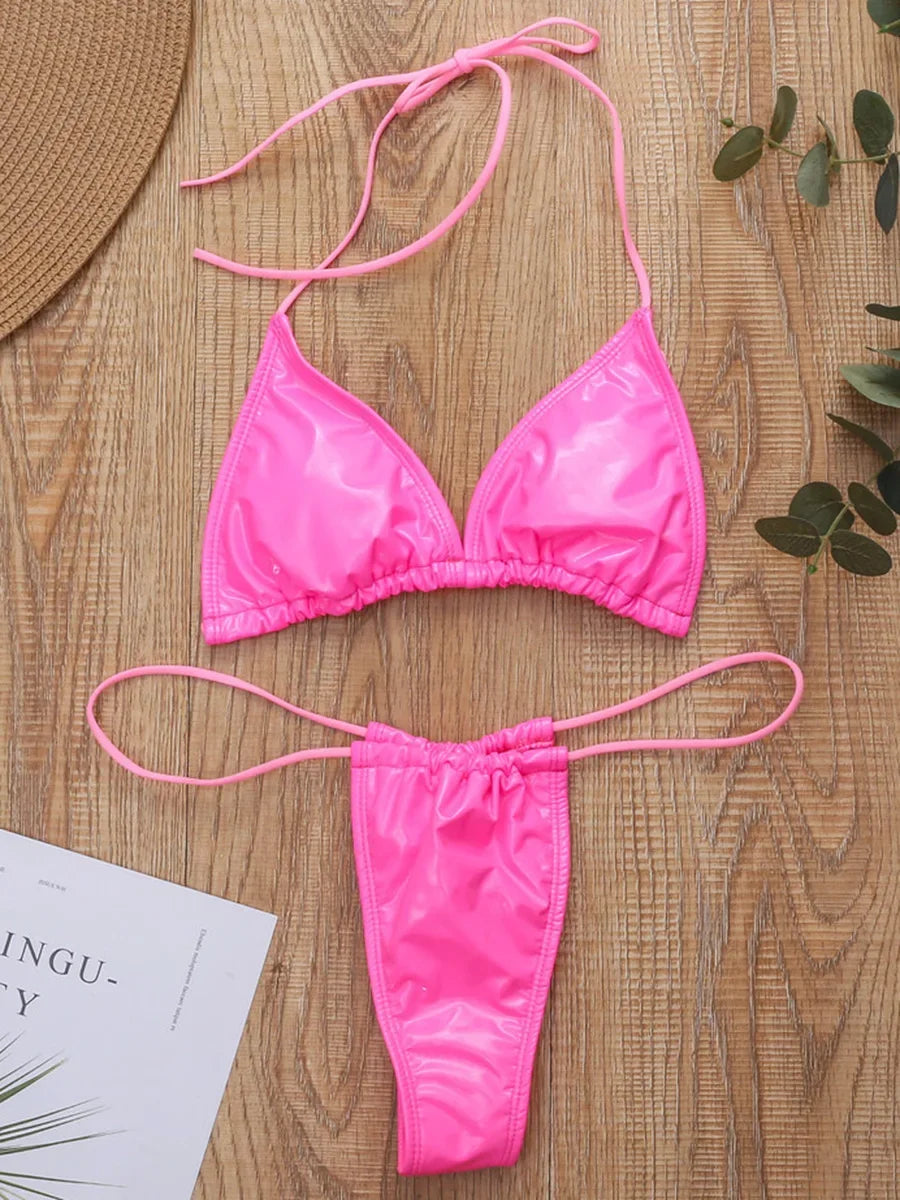 PaunikixCN Women Shiny PU Micro Bikini Set High Cut Pieces