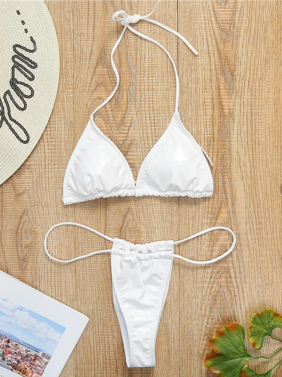 PaunikixCN Women Shiny PU Micro Bikini Set High Cut Pieces