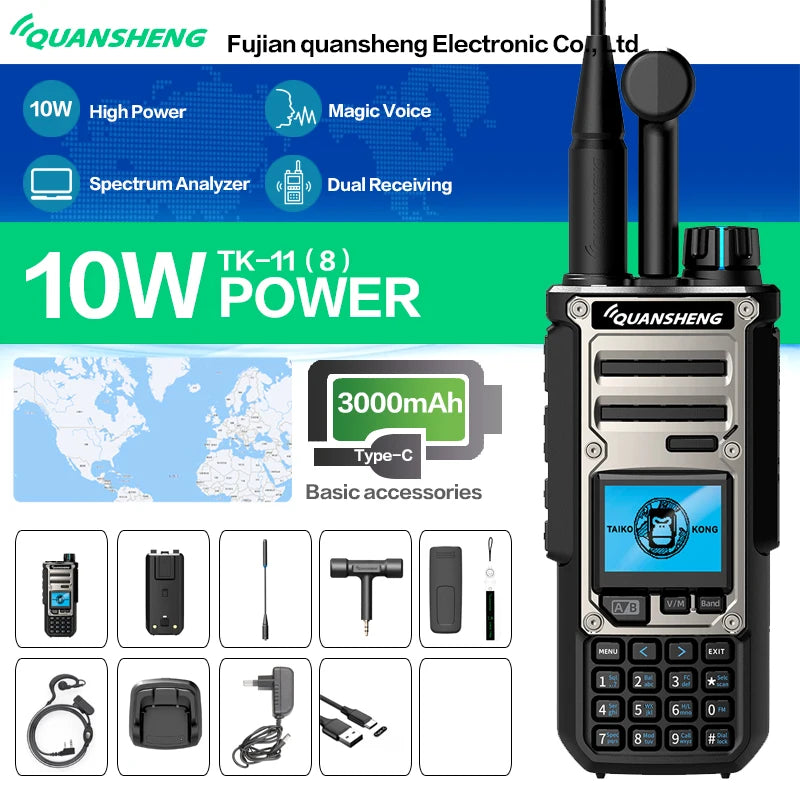 Quansheng TK-11(8) 10W VHF/UHF Dual Band Radio 999CH CTCSS/DCS IP55 2500mAh Type-C NOAA Weather Alarm CE