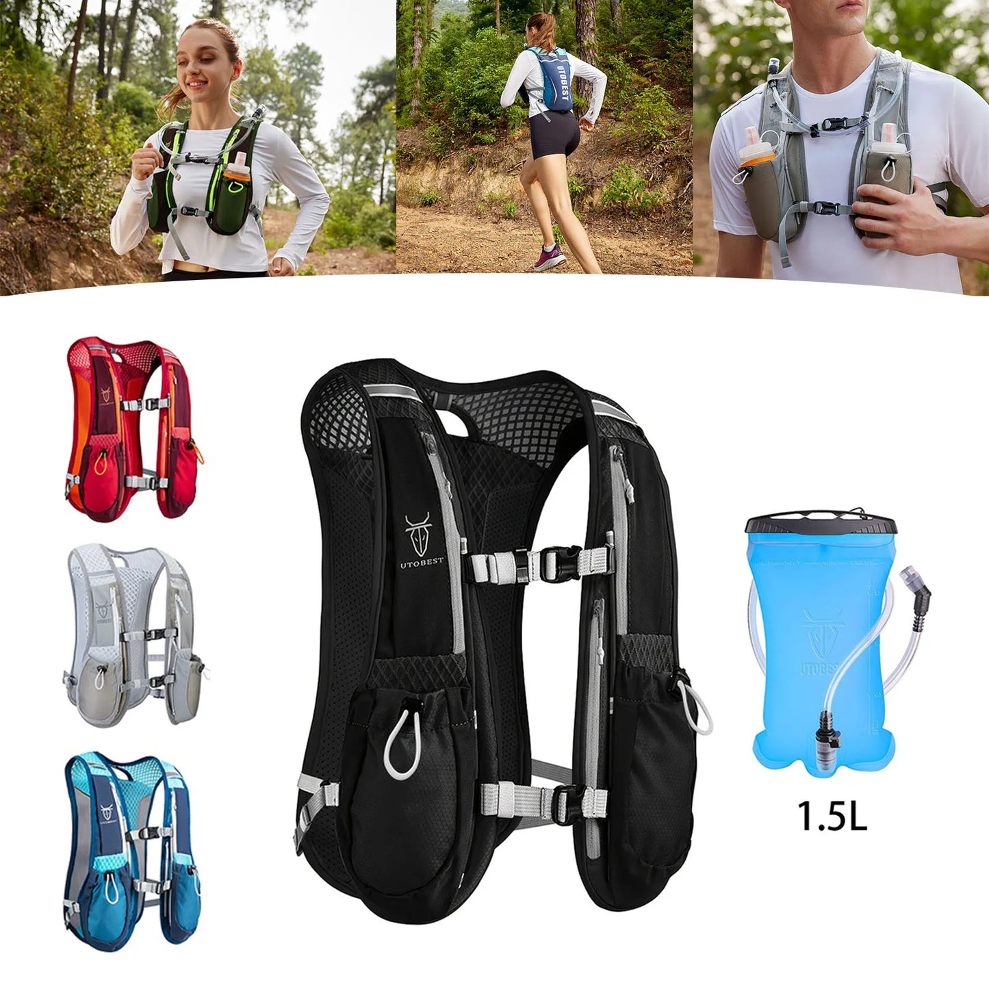 UTOBEST 2-Pack 5L Running Vest with 1.5L Hydration Reservoir Set Ultralight Multi-Pocket Outdoor Vest for Camping and Fishing