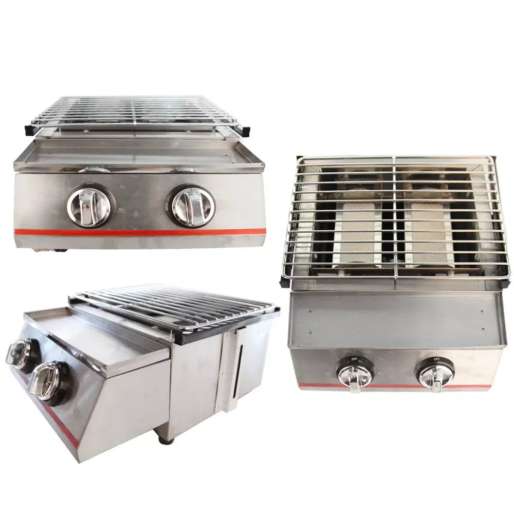 2 Burner Tabletop LPG Grill Stainless Steel Outdoor BBQ Camping Griddle Smokeless Portable Gas Barbeque Grill